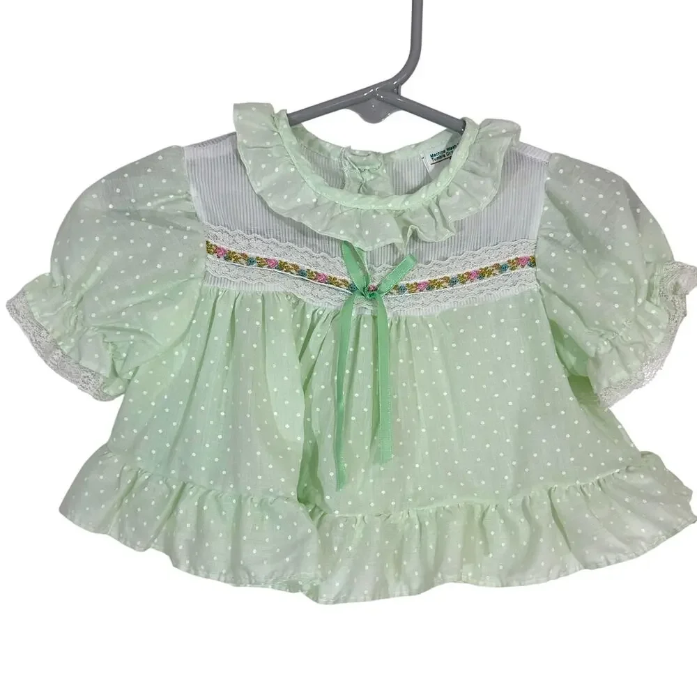 Vintage Toddle Time JcPenney Light Jade Green Dot Ruffle Prairie Baby Dress 6-9M